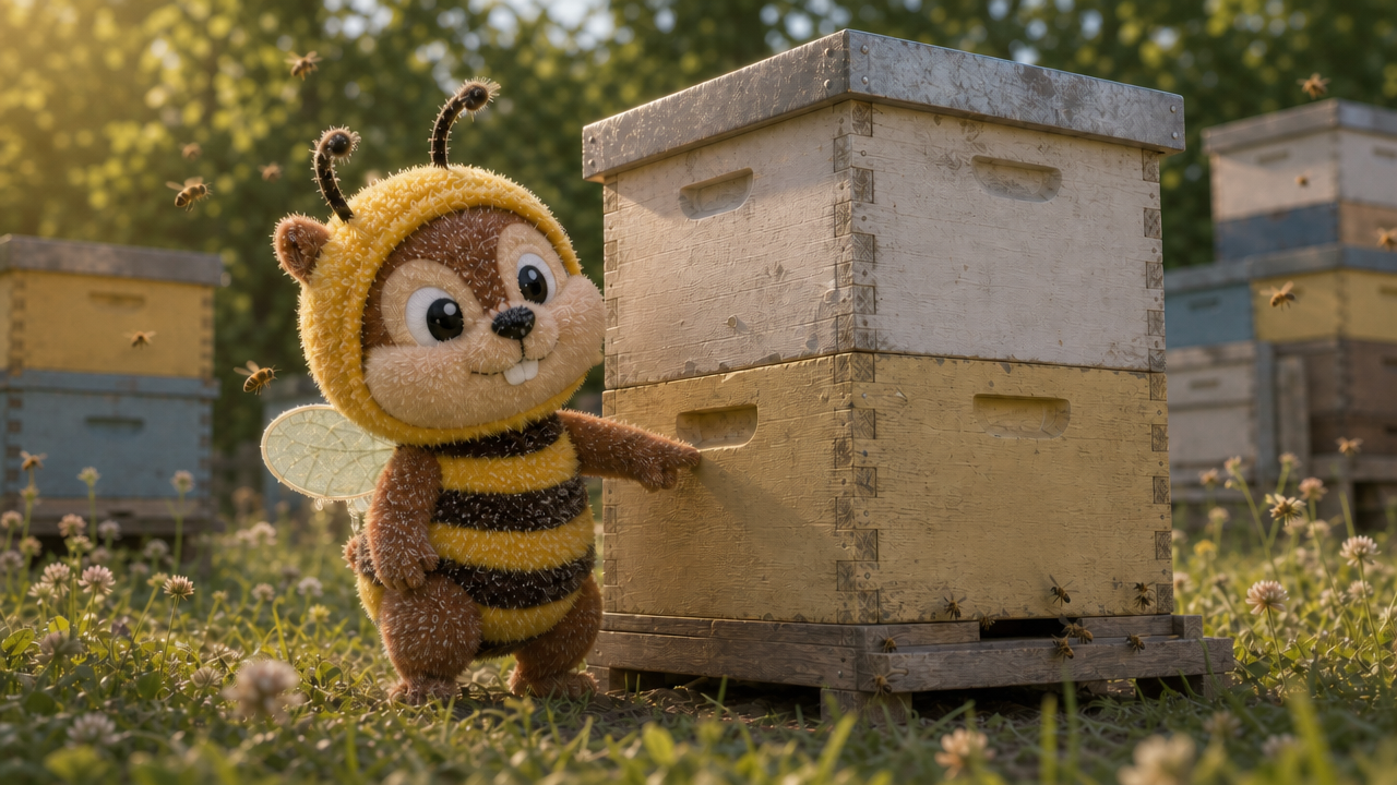 a cute hivemunk mascot plushie, standing next to a beehive and pointing at the bottom box, which is glowing warmly