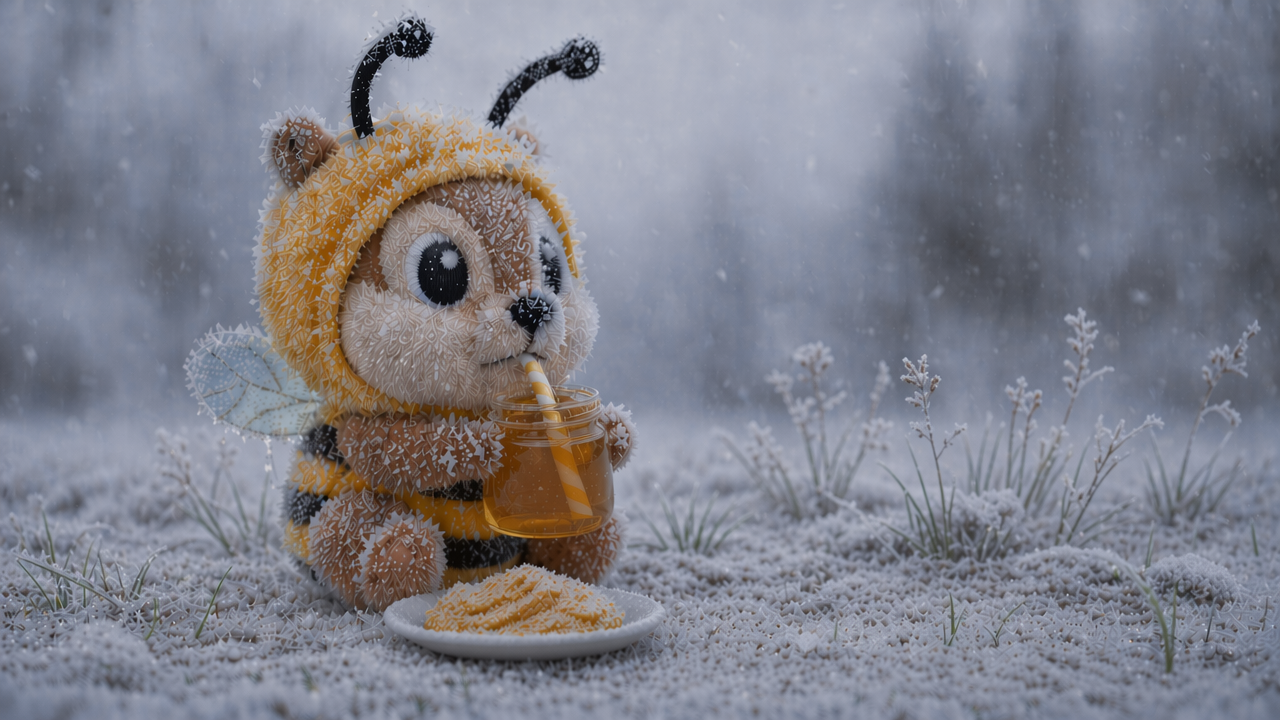 hivemunk mascot drinking syrup with a pollen patty on a plate in front of him in the winter