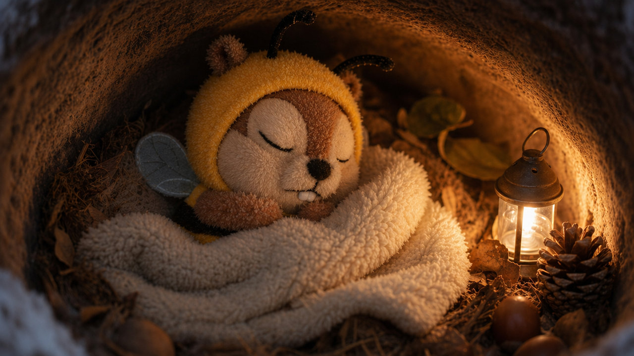 a cute hivemunk character, sleeping in a cozy underground den