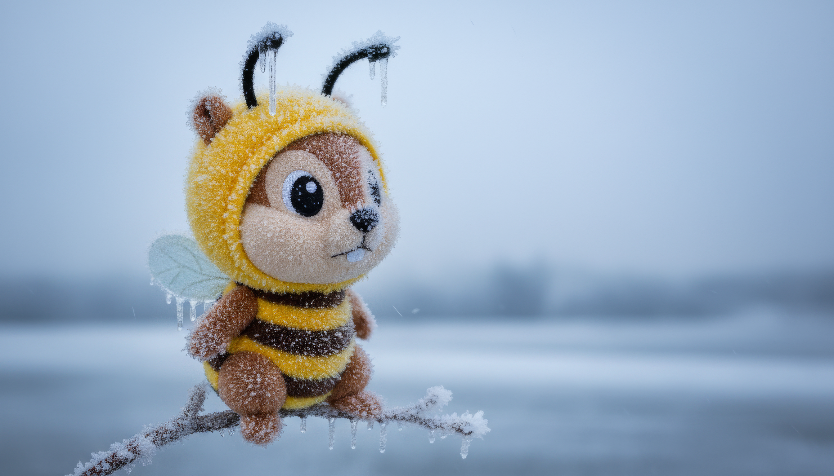 a cute hivemunk mascot plushie, sitting on a branch in a barren snowy cold environment