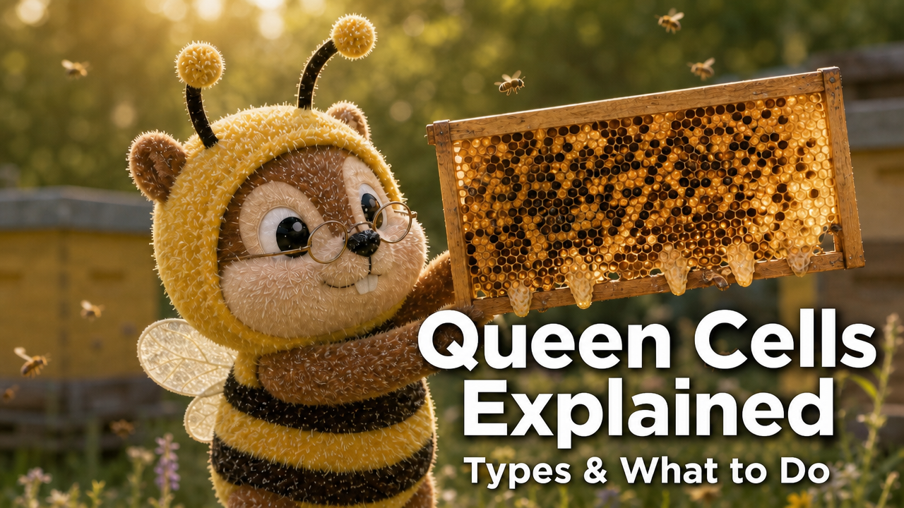 a cute hivemunk mascot plushie holding a beehive frame up to the light, examining queen cells on the edge of the comb, wearing tiny reading glasses, warm spring afternoon light