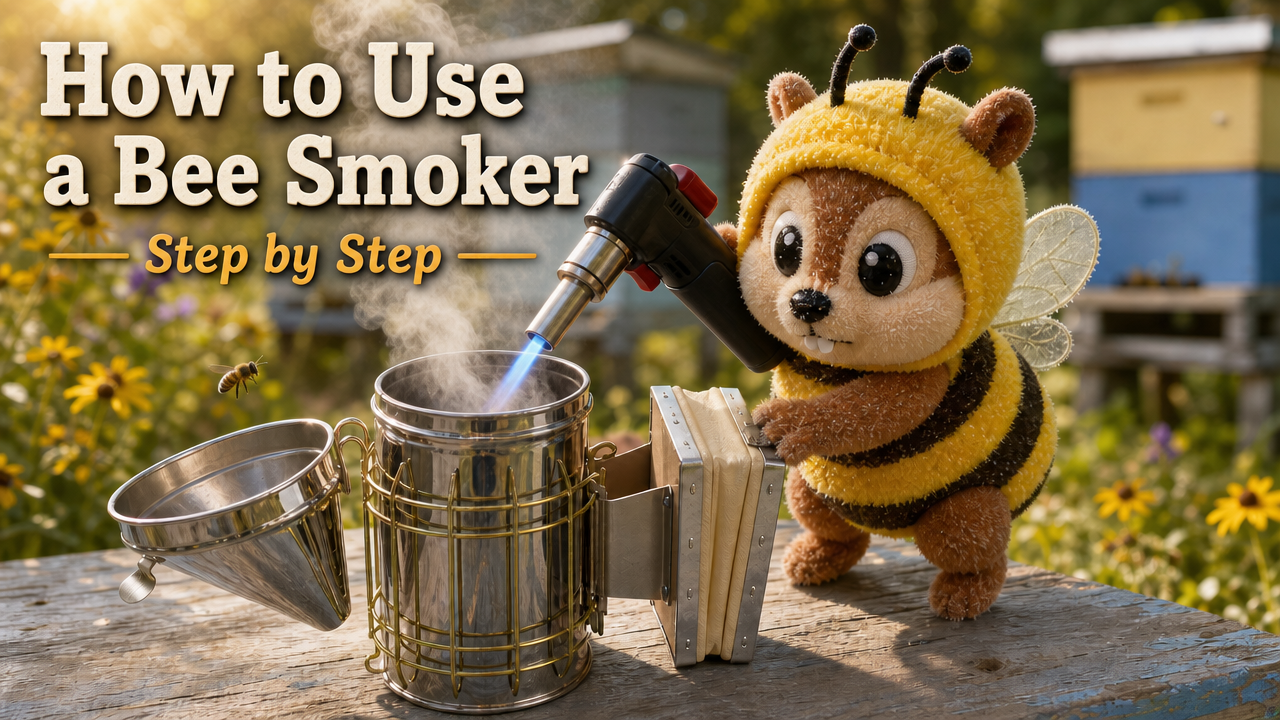 a cute hivemunk mascot plushie lighting a bee smoker with an oversized torch lighter, one hand squeezing the bellows, a small flame glowing inside the barrel. sunlit bee yard background