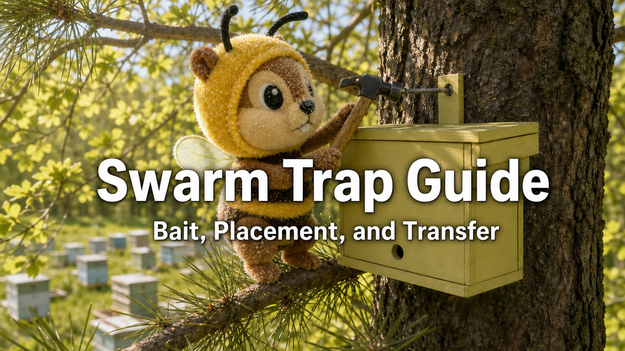 a cute hivemunk mascot plushie hanging a wooden swarm trap box high in a tree using a hamemr and nail, dappled spring sunlight filtering through leaves